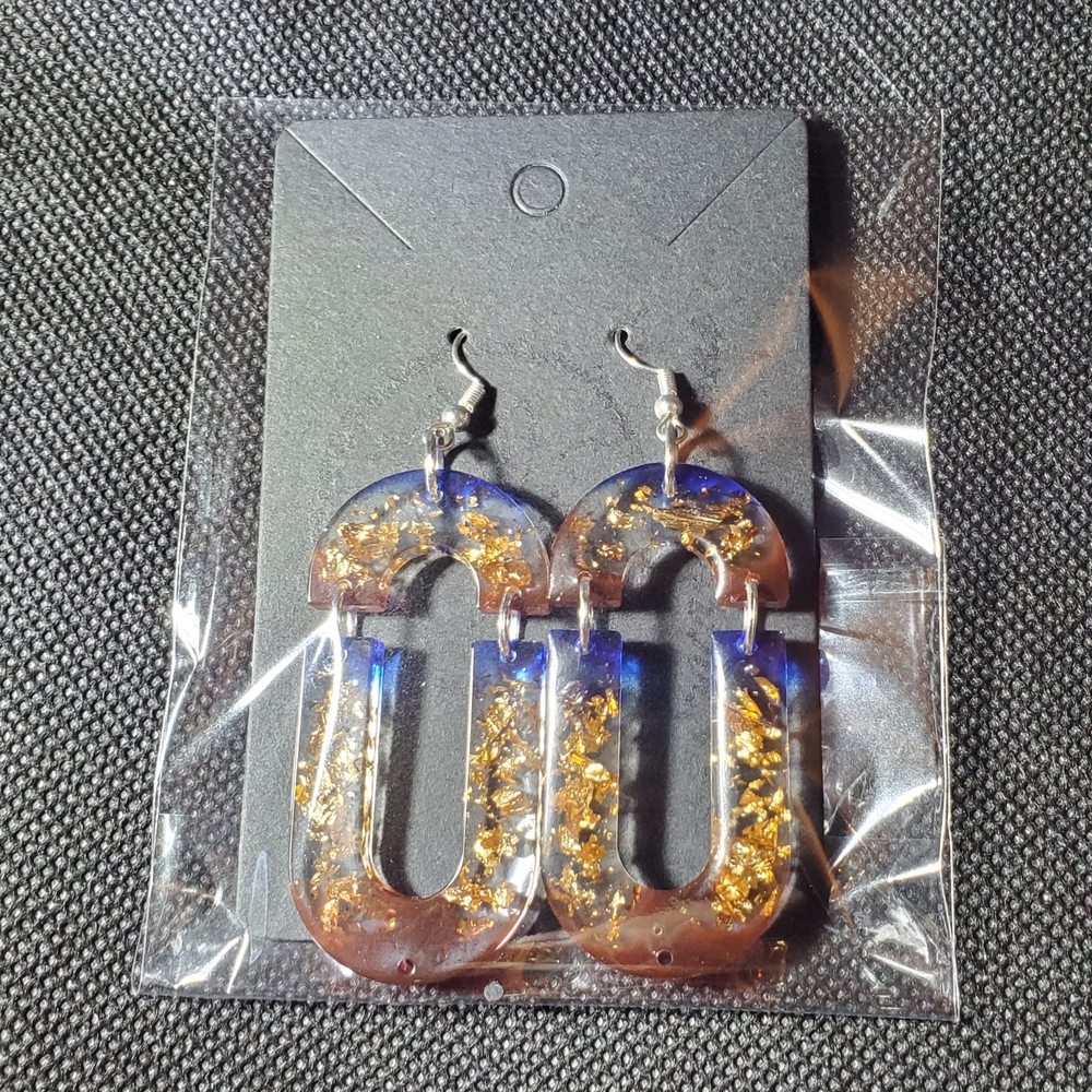 Gold and Blue Resin Hoop Earrings - Picture 4 of 9
